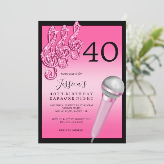 Invitation Glitzy Pink Music Notes & Micro Karaoke Anniversda (Debout devant)