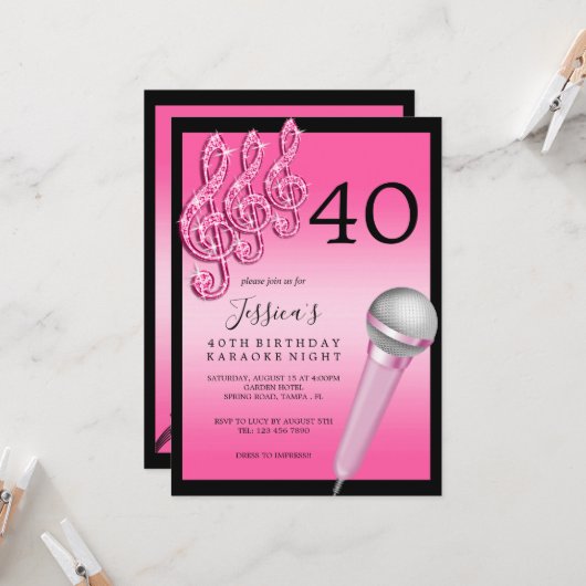 Invitation Glitzy Pink Music Notes & Micro Karaoke Anniversda (Devant/Arrière en situation)