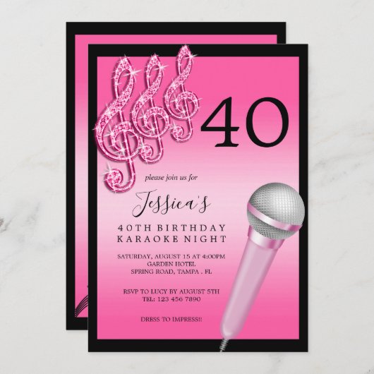 Invitation Glitzy Pink Music Notes & Micro Karaoke Anniversda (Devant / Derrière)