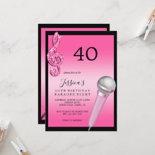 Invitation Glitzy Pink Music Notes & Micro Karaoke Anniversda
