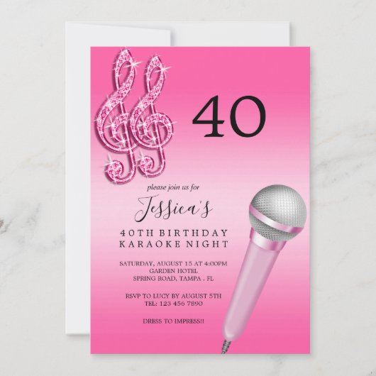 Invitation Glitzy Pink Music Notes & Micro Karaoke Anniversda (Devant)