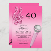 Invitation Glitzy Pink Music Notes & Micro Karaoke Anniversda (Devant / Derrière)