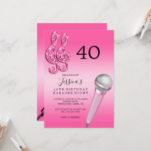 Invitation Glitzy Pink Music Notes & Micro Karaoke Anniversda