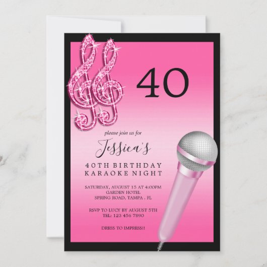 Invitation Glitzy Pink Music Notes & Micro Karaoke Anniversda (Devant)