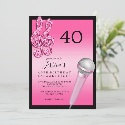 Invitation Glitzy Pink Music Notes & Micro Karaoke Anniversda (Debout devant)