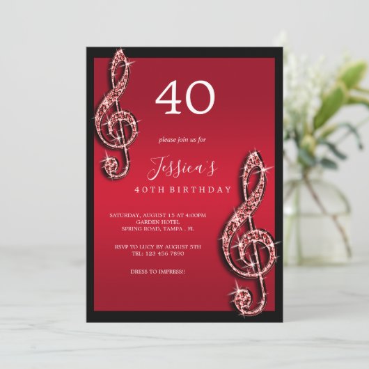 Invitation Glitzy Red Music Notes Anniversaire (Debout devant)