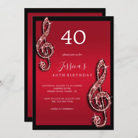Invitation Glitzy Red Music Notes Anniversaire (Devant / Derrière)