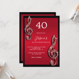 Invitation Glitzy Red Music Notes Anniversaire
