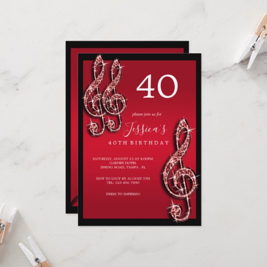Invitation Glitzy Red Music Notes Anniversaire (Devant/Arrière en situation)