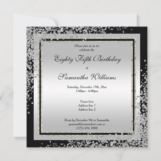 Invitation Glitzy Silver Confetti Corners 85e anniversaire (Devant)