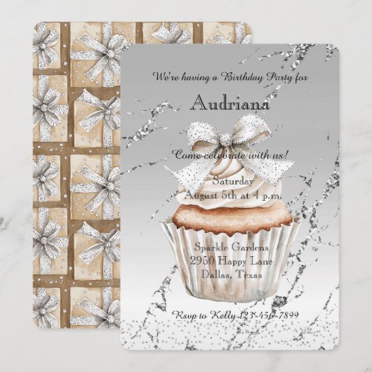 Invitation Glitzy Silver White Cupcake Bow Birthday (Devant / Derrière)