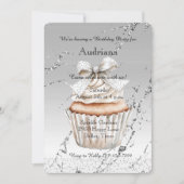 Invitation Glitzy Silver White Cupcake Bow Birthday (Devant)