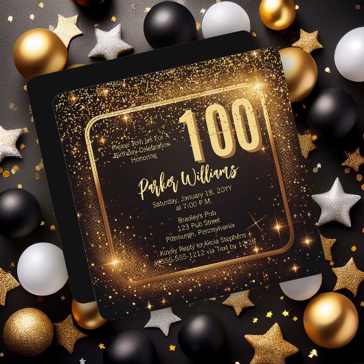 Invitation Glitzy Sparkles | Stars Gold 100th Birthday Party