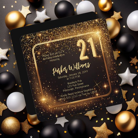 Invitation Glitzy Sparkles | Stars Gold 21st Birthday Party