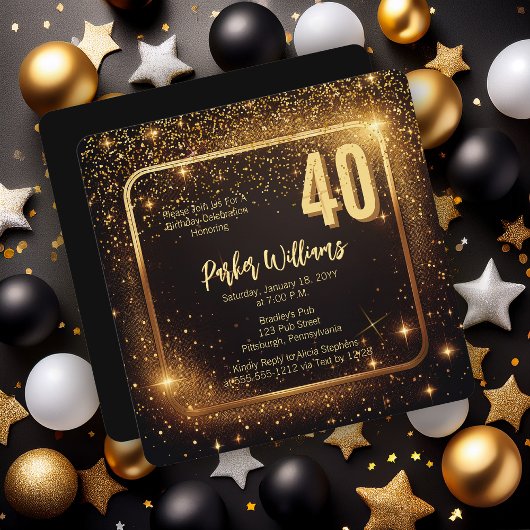 Invitation Glitzy Sparkles | Stars Gold 40th Birthday Party