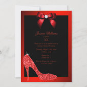 Invitation Glitzy Sparkly Stiletto, Red Bow Birday Party (Devant)