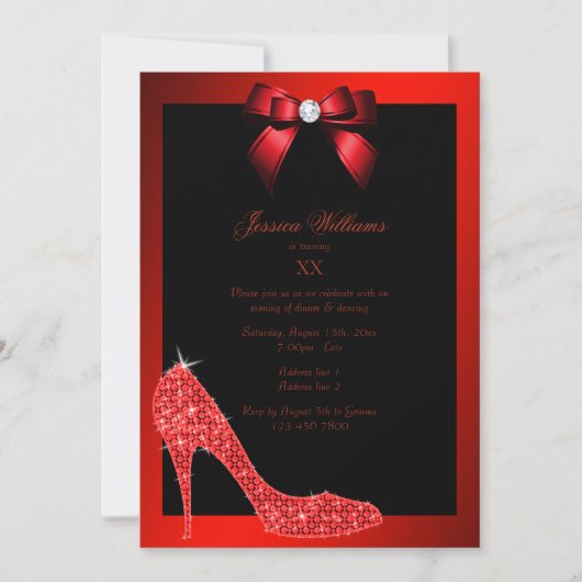 Invitation Glitzy Sparkly Stiletto, Red Bow Birday Party (Devant)