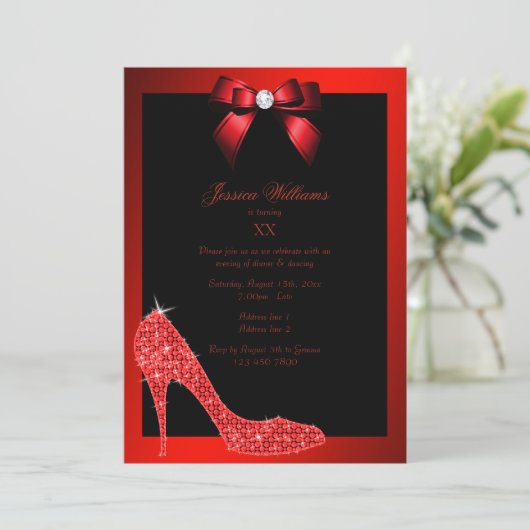 Invitation Glitzy Sparkly Stiletto, Red Bow Birday Party (Debout devant)