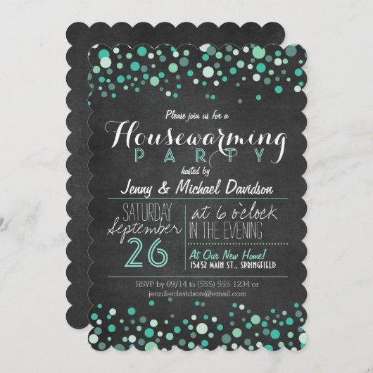 Invitation Glitzy Turquoise Chalkboard Vert Fête de réchauffe (Devant / Derrière)