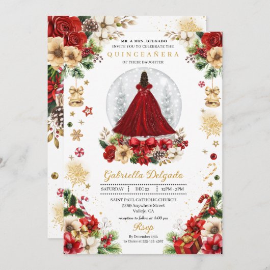 Invitation Globe des neiges de Noël Princesse Quinceañera hiv (Devant / Derrière)