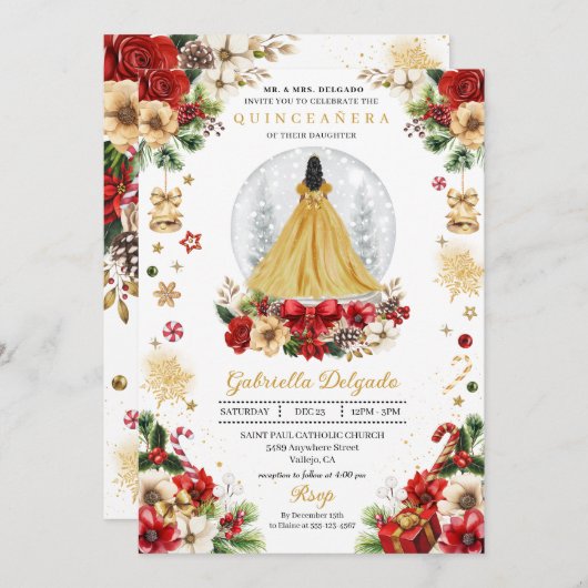 Invitation Globe des neiges de Noël Princesse Quinceañera hiv (Devant / Derrière)