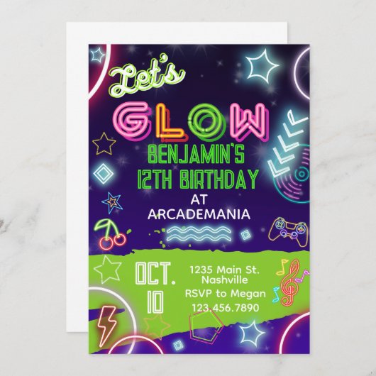 Invitation GLOW Anniversaire Jeux Arcade Party Glow Neon 80s (Devant / Derrière)