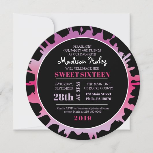 Invitation GLOW Fuchsia Splash Sweet sixteen 16 (Devant)