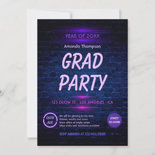 Invitation Glow in the Dark Neon Disco Graduation Party (Devant)