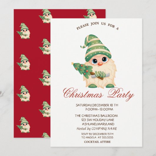 Invitation Gnome Christmas Tree Red Company Christmas Party (Devant / Derrière)