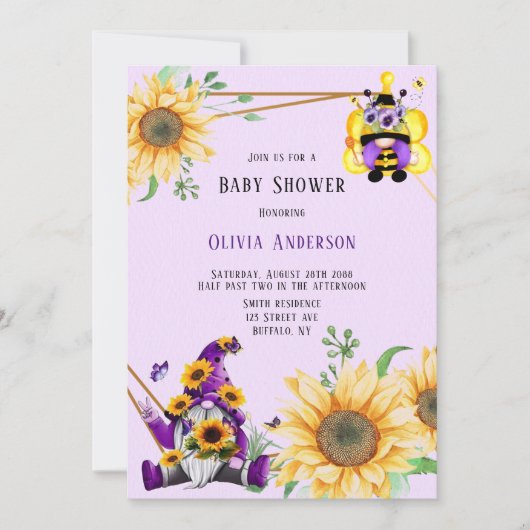 Invitation Gnome d'abeilles dans le Baby shower Floral pourpr (Devant)