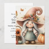 Invitation Gnome d'automne et feuilles calligraphie texte  (Devant / Derrière)