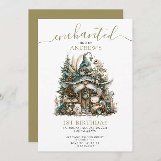 Invitation Gnome de forêt enchantée 1er anniversaire (Devant / Derrière)