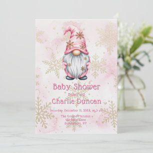 Invitation Gnome de Noël Rose Flocons d'Or Baby Shower