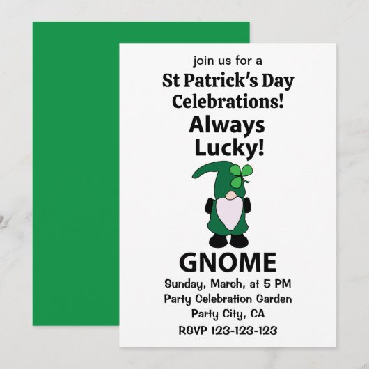 Invitation Gnome Shamrock Lucky Jour de la Saint Patrick Gnom (Devant / Derrière)