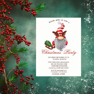 Invitation Gnome Sleigh Pine Tree Red Christmas Party