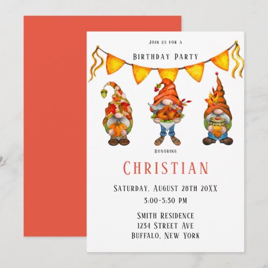 Invitation Gnome Thanksgiving Thème Anniversaire Fête Invitat (Devant / Derrière)