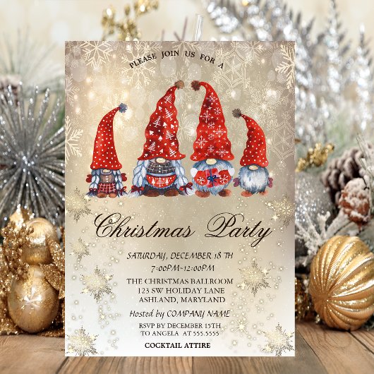 Invitation Gnomes mignonnes Snowflakes Gold Party