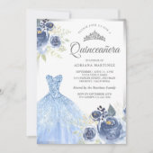 Invitation Gobelet brillant bleu doux Roses argent Quinceaner (Devant)