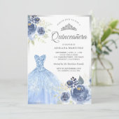 Invitation Gobelet brillant bleu doux Roses argent Quinceaner (Debout devant)