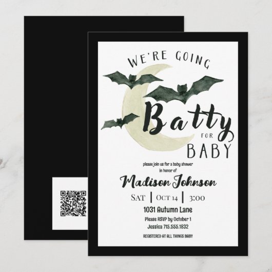 Invitation Going Batty For Baby October Baby Shower QR Code (Devant / Derrière)