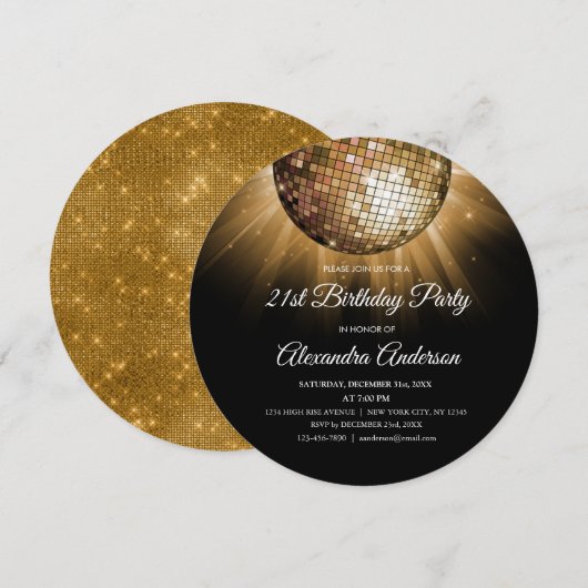 Invitation Gold 21st Anniversaire Party Gold Disco Ball (Devant / Derrière)