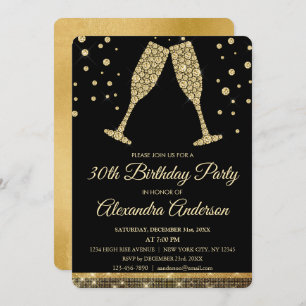 Invitation Gold 30th Birthday Party Diamond Champagne Glass