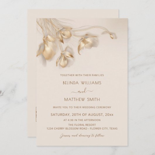 Invitation Gold 3D Flowers (Devant / Derrière)