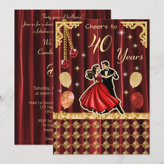 Invitation Gold 40th Birthday Celebration |The Ruby Jubilee (Devant / Derrière)
