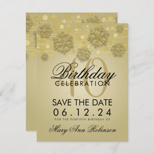 Invitation Gold 40th Birthday Save Date Winter (Devant / Derrière)