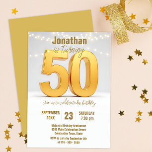 Invitation Gold 50th Birthday Celebration with String Lights