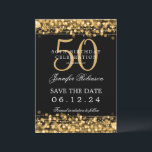 Invitation Gold 50th Birthday Enregistrer la date avec les dé<br><div class="desc">Elégant design "50th Birthday Party" avec Gold String Lights et nom personnalisé et détails texte. Facile à utiliser et facile à personnaliser. Commandez aujourd'hui !</div>
