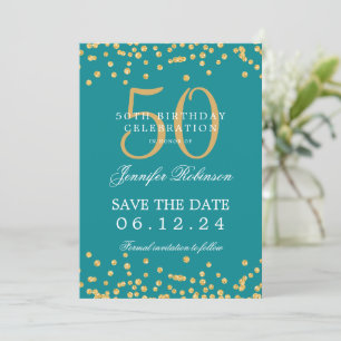 Invitation Gold 50th Birthday Enregistrer la date Confetti Tu
