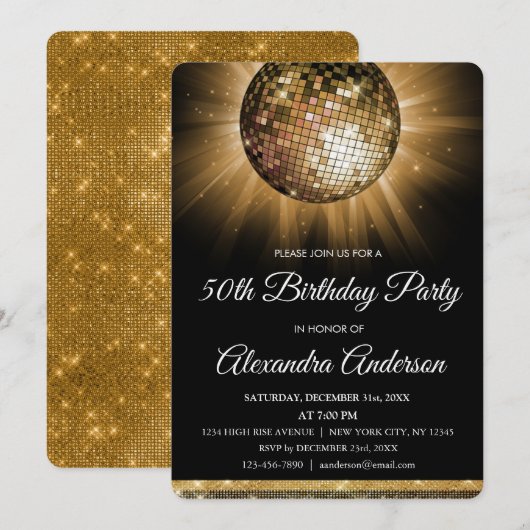 Invitation Gold 50th Birthday Party Gold Disco Ball (Devant / Derrière)