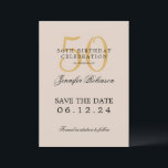 Invitation Gold 50th Birthday Party Save the Date Champagne<br><div class="desc">Design élégant "50th Birthday Party" avec un script de typographie formel,  nom personnalisé et texte détaillé. Facile à utiliser et facile à personnaliser. Commandez aujourd'hui !</div>